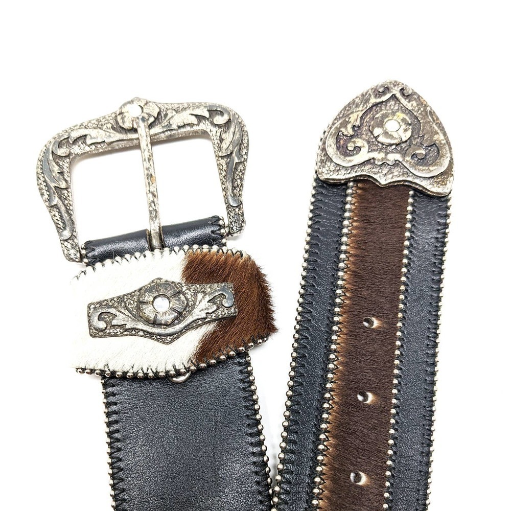 Leather Fur Rhinestone Western Belt Womens Medium Boho Black Brown White - Picture 7 of 7